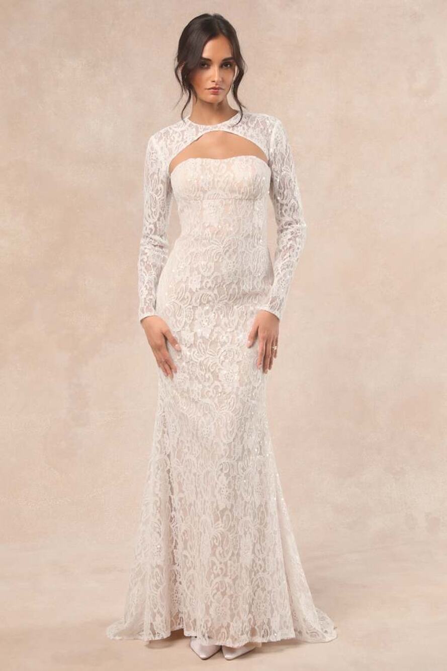 NWT Lulus Neska White Beige Lace Maxi Dress & Shrug Set Size XL